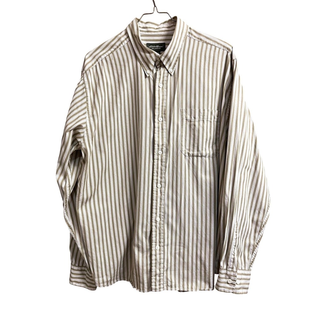 Eddie Bauer Shirt Mens XL Beige Striped Relaxed Fit Button Down Long Sleeve